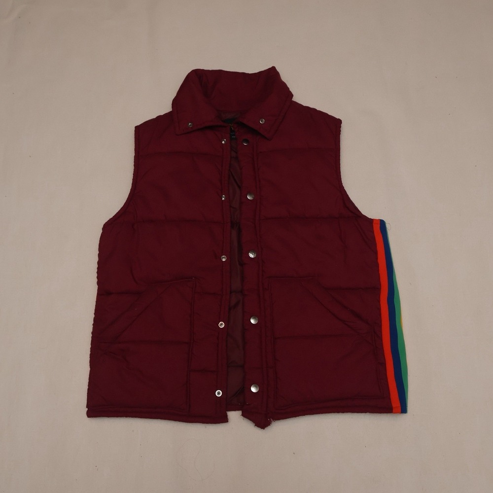 Vintage 70s Weather Wise Puffer Vest Mens M Burgundy Rainbow Ski USA